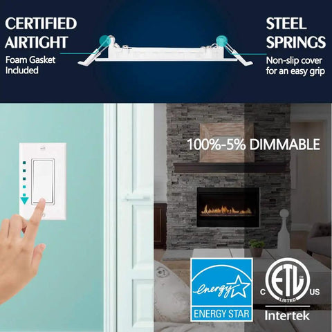 Dimmer switch and LED ceiling light with certifications and energy star label, part of 10 Pack 4 Inch LED Recessed Ceiling Lights With Junction Box Canless Dimmable 9W 750LM Ready To Install No Hassle For Home Use 3000K 4000K 5000K Selectable Color Temperature Energy Efficient Low Profile Downlights
