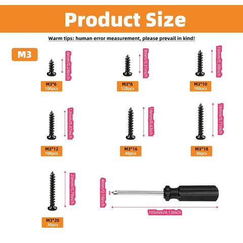 Chart showing sizes of screws in 520 Piece M3 Self Tapping Screws Kit For Wood Plastic And Soft Metal Black Phillips Pan Head