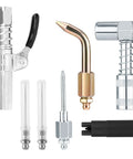 Grease Gun Accessory Kit With Two Needle Nozzles, Two Dispensers Straight And Curved, One Coupler Adapter, One Coupler, And One Zerk Fitting Cleaner