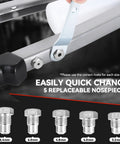 21 Inch Hand Rivet Nut Tool Set With 5 Guide Nozzles showcasing wrench adjusting the riveter with labeled nozzle sizes
