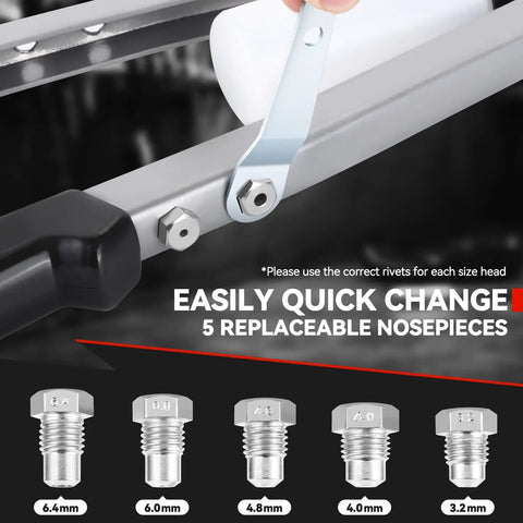 21 Inch Hand Rivet Nut Tool Set With 5 Guide Nozzles showcasing wrench adjusting the riveter with labeled nozzle sizes