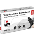 Front view of Schneider black vinyl exam gloves box, size M, 100 gloves, latex-free