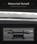 Unsharpened Aluminum Alloy Katana Iaito For Iaido Practice, 28-Inch Training Sword on stand, close-up of blade material detail