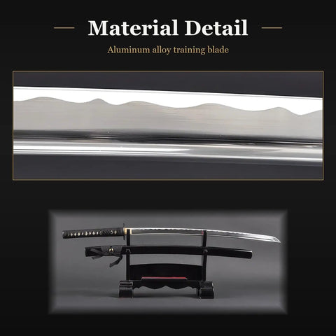 Unsharpened Aluminum Alloy Katana Iaito For Iaido Practice, 28-Inch Training Sword on stand, close-up of blade material detail