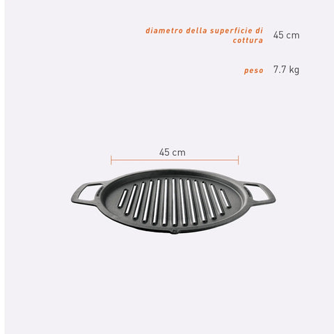 Large Cast Iron Grill Top For Bonfire And Yukon Fire Pit Outdoor Cooking Surface Seventeen And Three Quarters Inch 17 Lbs Fire Pit Accessory For Flame To Table Meals, showing 45 cm diameter, 7.7 kg weight with handles.