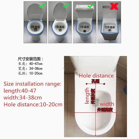 Thick Resin European Style Toilet Seat Lid With Slick Slow Close Hinge Quick No Sweat Setup Totally Waterproof Skin Safe Premium Heavy Duty Finish For Universal Bathroom Glow Up size installation diagram with measurement details.