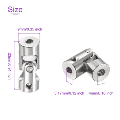 Three Pack 3.17mm to 4mm Rotatable Universal Shaft U Joint Coupler for Motors, 3D Printers, and CNC Machines Easy DIY Hex Shaft Connector for Robotics and DIY Projects, nickel-coated iron, 23mm x 9mm