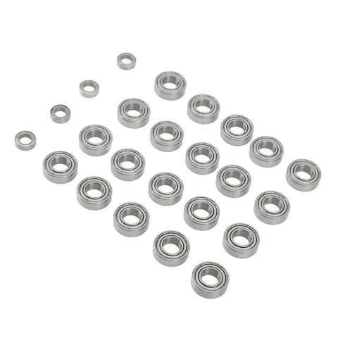 One Eighth RC Ball Bearing Kit Silver Steel High Precision Bearings For One Eighth Scale RC Cars shown in multiple sizes and angles.