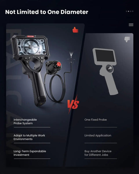 Industrial Borescope Camera With Replaceable Snake Cable 5 Inch HD Display 4-Way Articulating Probe Stainless Steel Joystick 6.2mm Camera Waterproof Cable 5 Ft For Auto And Pipe Inspections, interchangeable probe system