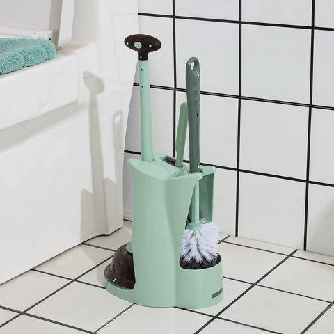 Green 4 In 1 Toilet Brush And Plunger Set with Angled Bowl Brush, Compact Scrubber, and Holder in bathroom setting