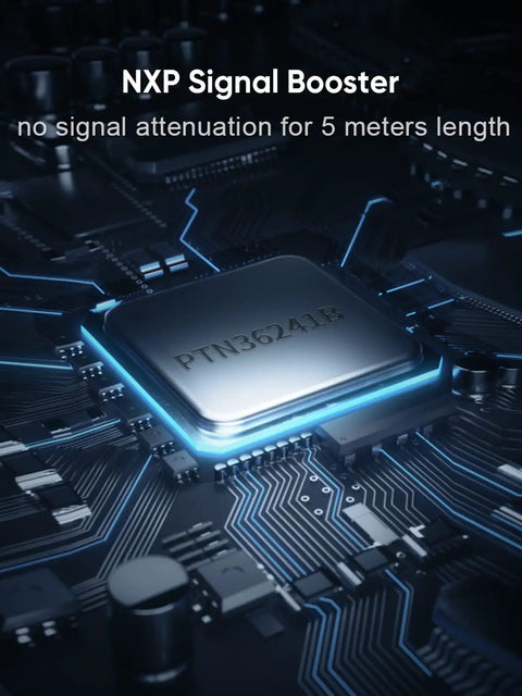 Close-up of NXP chip for signal boosting in Active USB 3.0 Extension Cable 16.4 Ft 5M Male To Female With Signal Booster And Gold Plated Connectors