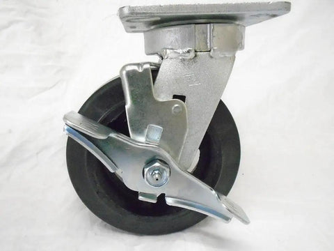 Heavy Duty 6 Inch Rubber On Steel Caster Set With Kingpinless Swivel Wheels With Brakes and Two Rigid Rollers for toolboxes.