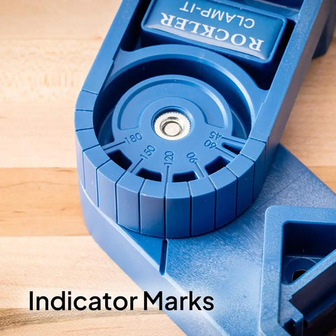 Close-up of blue versatile adjustable assembly square clamp showing angle indicator marks for woodworking from 45 to 315 degrees.