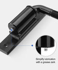 Beefy Three Quarter Inch J Bolt Gate Hinge Set, Seven Inch Long, Heavy Duty Bolt On Hinges, No Welding Needed, Four Pack For Durable Gate Installations. Black steel gate hinge with grease zerk