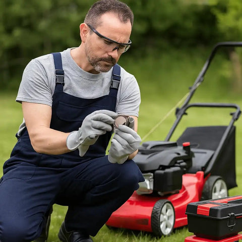 Man holding Two Pack High Precision Thrust Needle Roller Bearings With Washers Bearing Steel Material for lawn mower maintenance