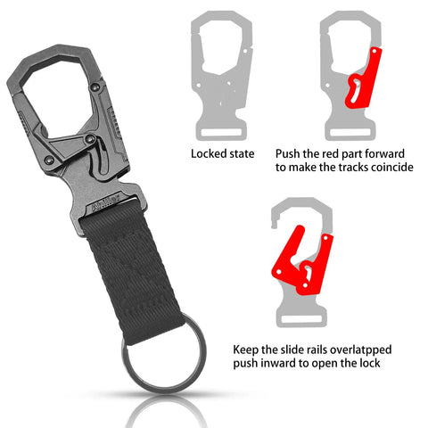 Double Lock Carabiner Clip Keychain 3 Inch Zinc Alloy Carabiner For Camping Hiking Cycling And Backpack Gear Anti Error Easy Release Safety Lock Compact Durable Black Pack Of 2 with instructional diagram.