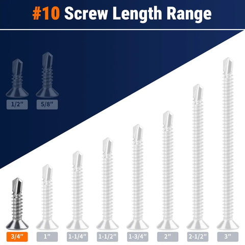 #10 Screw Length Range showing different sizes including Number Ten By Three Quarter Phillips Flat Head Stainless Steel 410 Self Drilling Self Tapping Screws Heavy Duty Countersunk Fasteners For Auto Panels And Metal Framing One Hundred Pack Dang Tough Build.