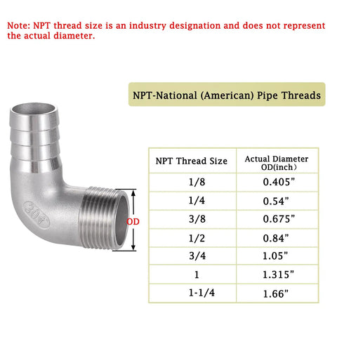 304 Stainless Steel Hose Barb Fitting 1 Inch Barbed To 1 Inch NPT Male 90 Degree Elbow with thread size chart