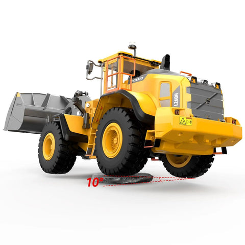 Volvo L260H Remote Control Wheel Loader 1:16 Scale 4WD RC Construction Toy, rear view showing tilted alloy bucket and wheels.