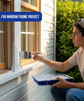 Person painting exterior window frame using 12 Pack 3 Inch Flat Paint Brushes For Walls Trim Cabinets Doors Premium Contractor Grade Set.