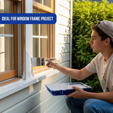 Person painting exterior window frame using 12 Pack 3 Inch Flat Paint Brushes For Walls Trim Cabinets Doors Premium Contractor Grade Set.
