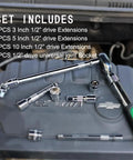 Half Inch Drive Extension Bar Set With Universal Joint on car engine, includes 3, 5, 10 inch extensions, rust-resistant steel.