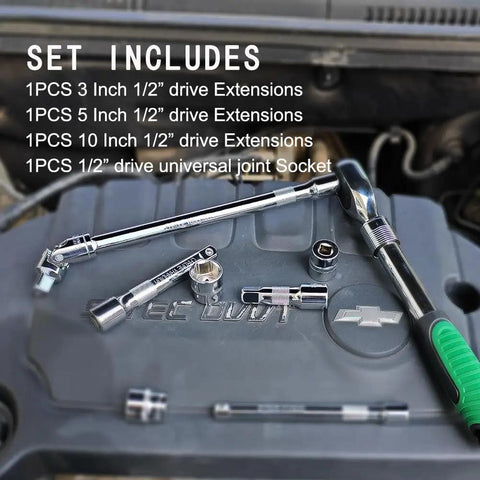Half Inch Drive Extension Bar Set With Universal Joint on car engine, includes 3, 5, 10 inch extensions, rust-resistant steel.