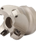 Front view of a silver four-flute face milling cutter with central bore and locking screws