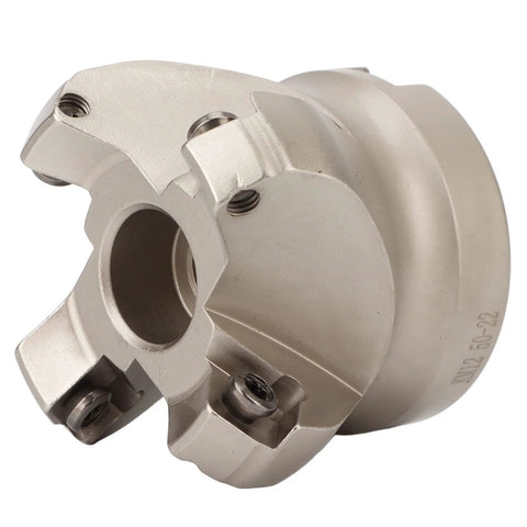 Silver four-flute face milling cutter holder for CNC milling with clamp screws.
