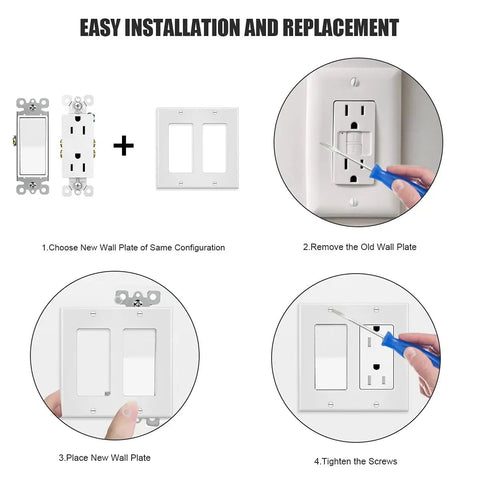 Installation steps for 2-Gang Decora Wall Plate Cover White Durable Unbreakable Polycarbonate Electrical Faceplate 10-Pack