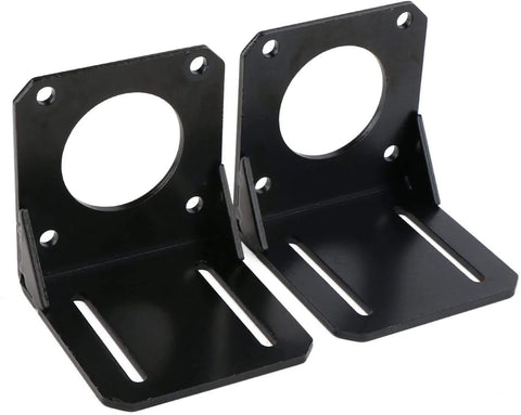 Pair of black steel mounting brackets for 86 mm NEMA 34 stepper motors with circular mounting holes and slotted bases.