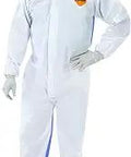 Person wearing heavy duty white disposable coveralls built beefed up for rough jobs with industrial grade antistatic protection, 3XL