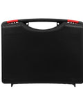 Slick Small Portable Plastic Toolbox With Lid And Ergonomic Handle, Light As A Feather Tool Box For Crafts And Yard Work, Tough As Nails Shock Resistant Case that shows rear view in black with red handle.