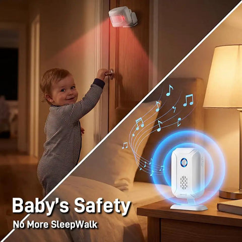 Child reaching for door with motion sensor, illustrating safety function of Motion Sensor Doorbell For Elder Care And Dementia Patients.