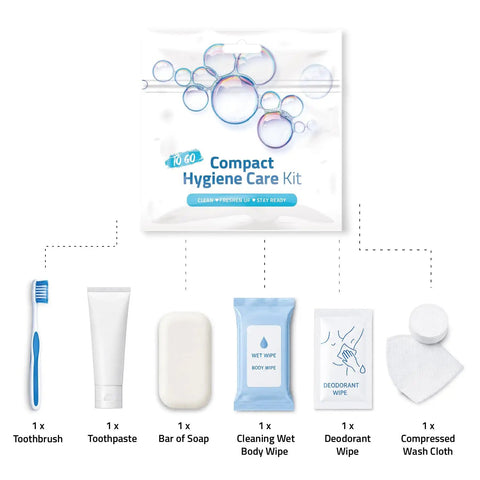 Compact hygiene care kit with toothbrush, toothpaste, bar of soap, cleaning wet body wipe, deodorant wipe, and compressed wash cloth.
