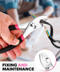 Hand holding slip joint pliers from Pink 39 Piece Household Tool Set With Plastic Toolbox Essential Hand Tool Kit For Home Repairs DIY Projects Crafting Handy For Students Weekend Warriors And Everyday Fixes, cutting wires.