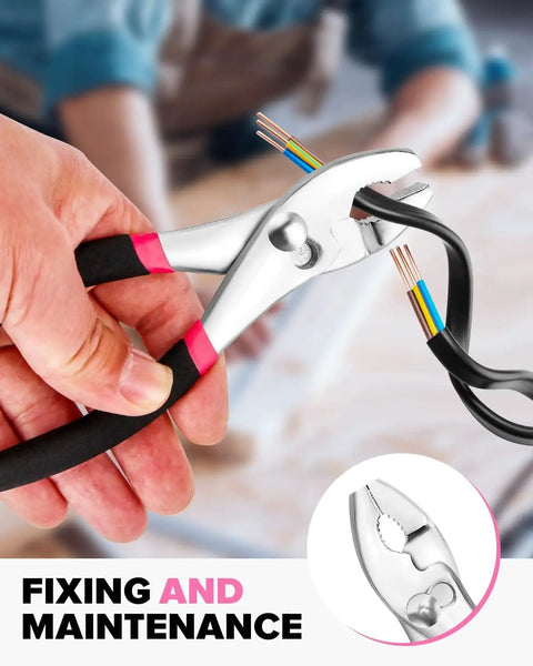 Hand holding slip joint pliers from Pink 39 Piece Household Tool Set With Plastic Toolbox Essential Hand Tool Kit For Home Repairs DIY Projects Crafting Handy For Students Weekend Warriors And Everyday Fixes, cutting wires.