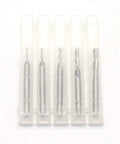 Knockout Carbide Downcut Router Bit Set Five Piece Woodworking Milling Tool inside clear plastic case, showing different cutter sizes.