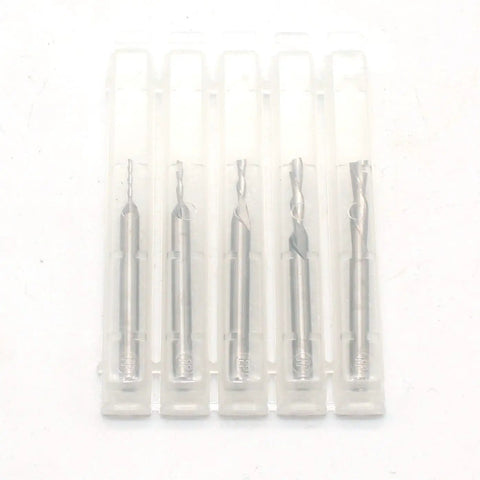 Knockout Carbide Downcut Router Bit Set Five Piece Woodworking Milling Tool inside clear plastic case, showing different cutter sizes.