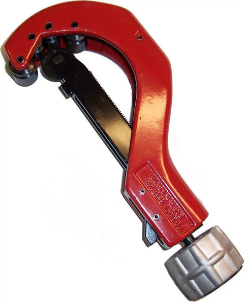 Quick Release Tubing Cutter For Plastic Pipe 8 Inch Easy Wheel Change PVC CPVC PE PP Compatible One Quarter Inch To Two And Five Eighths Inch Capacity No Fuss Quick Release Durable Pro Grade Cutter, red tool angled view.