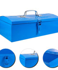 Heavy Duty Blue Metal Toolbox For Mechanics Portable Storage Case With Slick Organizer Layout Tough As Nails Build side view with lid and handle.