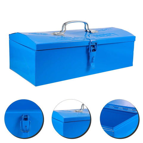 Heavy Duty Blue Metal Toolbox For Mechanics Portable Storage Case With Slick Organizer Layout Tough As Nails Build side view with lid and handle.