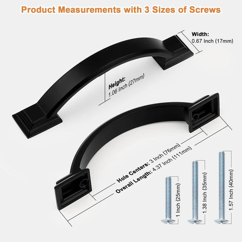 10 Pack Matte Black Cabinet Pulls With 3 Inch Hole Center 76mm Zinc Alloy Drawer Handles measurements with screws