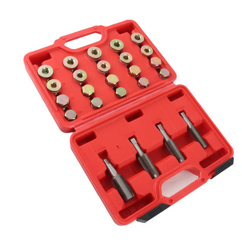 Super Cool 64 Piece Thread Repair Kit For Cars And Trucks To Fix Broken Oil Pan Drain Plug Holes In Sump Gearbox And Diff With Taps And New Plugs open red case with taps and plugs