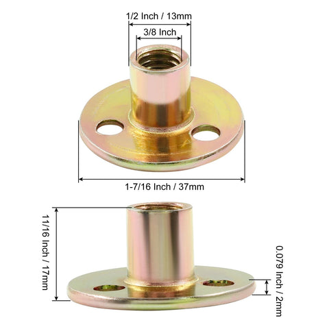 12 Pack 3/8-16 Carbon Steel T Nuts With Round Base Plate Flange Insert And Female Thread For Furniture Hardware Mounting