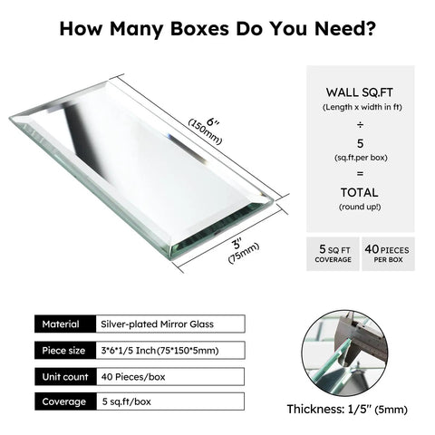 Diagram of beveled silver mirror subway backsplash tiles for kitchen and bathroom, 3x6 inch, clear mirror with dimensions and specs.