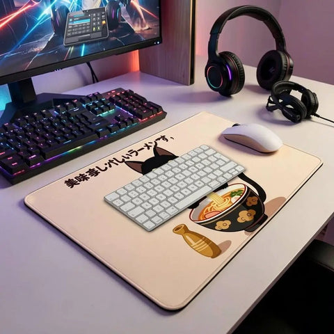 Cat Eat Ramen Meme Mouse Pad Slaps Your Desk With Style, 12x16 Inch, Non Slip Rubber Base on desk with keyboard and mouse