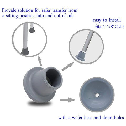 Replacement Feet for Shower Chairs and Bath Benches Non Slip Suction Cup Feet With Metal Insert Reinforced TPR Rubber for Skid Resistant Traction Inner Diameter One And One Eighth Inch Outer Diameter Two Inches Gray visible in detail with drain holes and wider base.