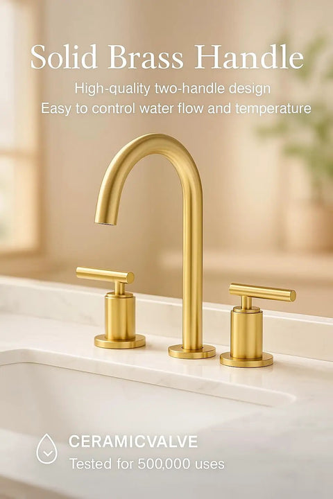 Brushed Gold Bathroom Faucet With Two Handles, 360 Degree Swivel Spout, Widespread 4 Inch And 8 Inch Brass Sink Faucet, 3 Hole Setup