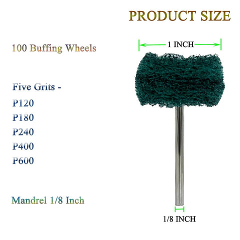 Buffing wheel set, 100-pack abrasive polishing wheels with five grits (P120-P600) on 1/8 in mandrel, 1 in wheel diameter.